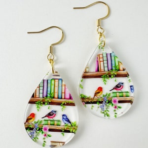 Bird Book Acrylic Earrings: Floral Library, Nature Lover Gift
