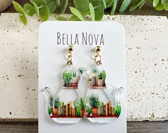 Cat Bookshelf Dangle Earrings: Book Lover Jewelry Gift
