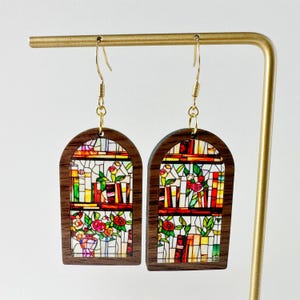 Stained Glass Rose & Books Earrings: Acrylic Wood Inlay, Gift for Book Lover