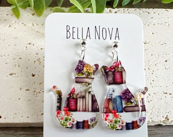 Cat Bookshelf Dangle Earrings: Book Lover Jewelry Gift