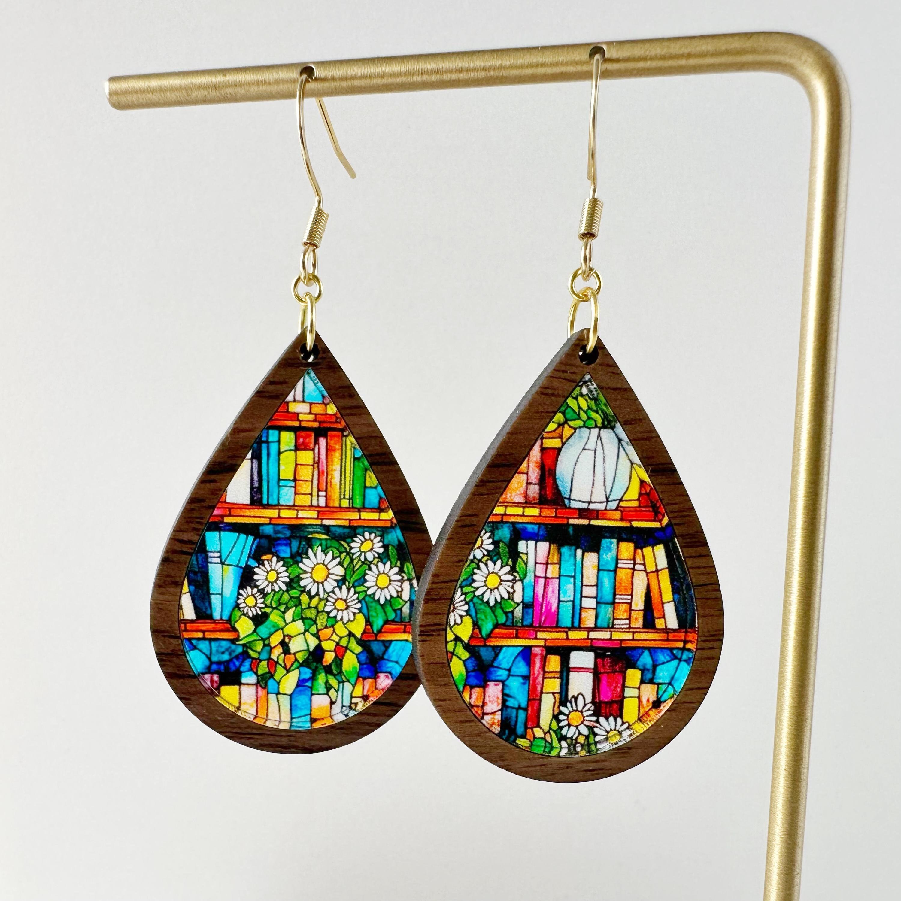 Stained Glass Daisy Bookshelf Acrylic Earrings: Wood Inlay, Gift for Book Lover