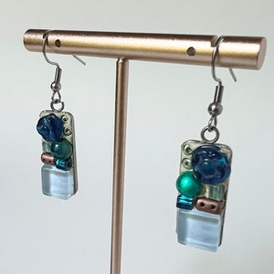 Mosaic Dangle Earrings, Multicolor Multimedia Earrings, Micromosaic Jewelry, Mirrored Mosaic Earring Pair, Minimosaic Earrings, Blue Earring