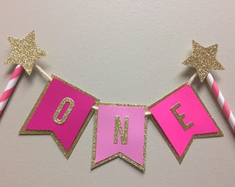 One Cake Topper, One cake banner, First birthday topper, Smash cake topper, first birthday cake topper, pink and Gold cake topper, girl