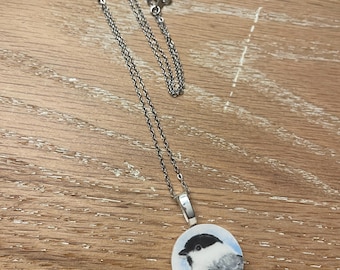 Broken trinket dish Chickadee pendant