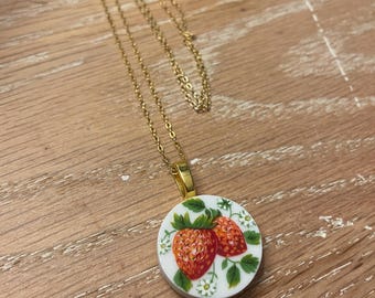 Strawberry vintage china necklace