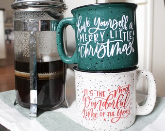 Set of 2 Camper Mugs | Most Wonderful Time + Merry Little Christmas | 15 oz. Campfire Stoneware Mugs | Holiday Mug | Christmas | Camper Mug