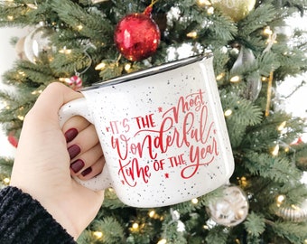 It's the Most Wonderful Time of the Year | 15 oz. White Campfire Stoneware Mug | Holiday Mug | Winter | Christmas | Camper Mug | Gift