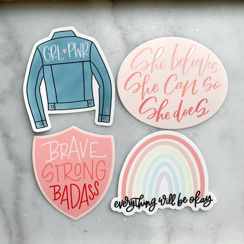 Pack of FOUR Breast Cancer Stickers Motivational Girl Power Laptop Decal Water Bottle Sticker Gifts for Her Empowering image 1