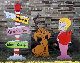 Christmas Pole Sign Dog the Reindeer Sweet Little Girl WOOD  Lawn Yard Art Decorations Bundle of 3
