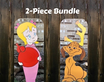 Dog the Reindeer Yellow Antlers Sweet Little Girl with Ornament CHRISTMAS WOOD Lawn Yard Art Decorations Bundle of 2