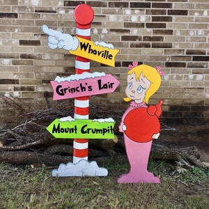 Christmas Pole Directional Sign Sweet Little Girl with Ornament WOOD Lawn Yard Art Decorations Bundle of 2