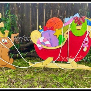 Classic Christmas Sleigh Whimsical 3D Wooden with Tangled Dog the Reindeer WOOD Lawn Yard Art Decorations