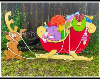 Classic Christmas Sleigh Whimsical 3D Wooden with Tangled Dog the Reindeer WOOD Lawn Yard Art Decorations