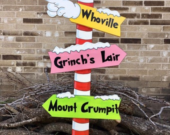 Whoville Pole Directional Sign WOOD Lawn Yard Art Decoration