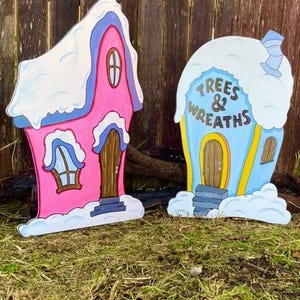 Whoville Houses Pink and Blue WOOD Lawn Yard Art Decorations Bundle of 2