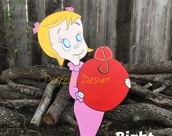 Handmade Christmas Girl Yard Art: Smiling with Ornament, Right Facing