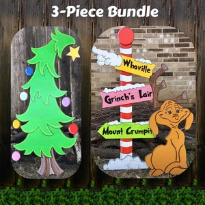 Christmas Tree Pole Sign and Dog the Reindeer WOOD Lawn Yard Art Decorations Bundle of 3