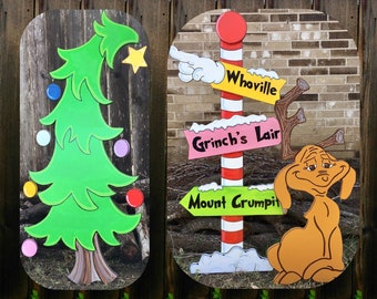 Christmas Tree Pole Sign and Dog the Reindeer WOOD Lawn Yard Art Decorations Bundle of 3