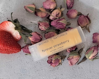 Bálsamo labial de fresa y rosa - Cuidado labial totalmente natural - Manteca labial orgánica - Tratamiento labial con aroma a fresa - Ungüento para labios agrietados