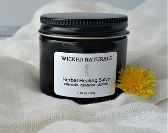 May include: A black jar with a white label that reads "WICKED NATURALS Herbal Healing Salve calendula dandelion plantain 1.76 oz / 50g". The jar is sitting on a white fabric surface next to a yellow dandelion.