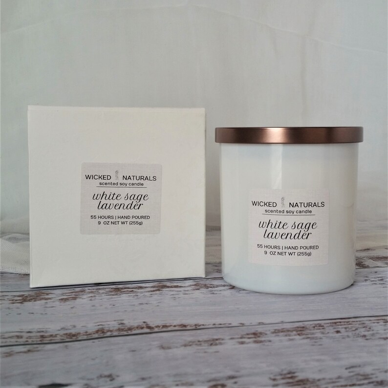 Sage Lavender Scented Natural Soy Candle Clean Herbal Lavender Scent White Jar Candle with Lid Boxed Gift image 1