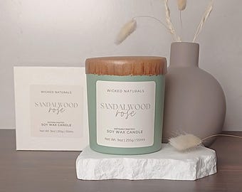 Sandalwood Rose Scented Natural Soy Candle - Romantic Home Fragrance - Earthy Wood and Rose Petal Notes - Hand Poured Jar Candles