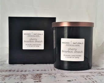Cherry Bourbon Scented Natural Soy Candle - Whiskey Black Cherry Scent - Hand Poured Jar Candle with Lid