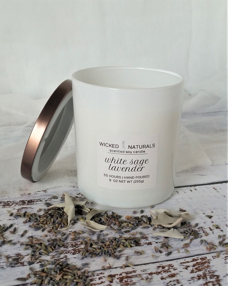 Sage Lavender Scented Natural Soy Candle Clean Herbal Lavender Scent White Jar Candle with Lid Boxed Gift image 2