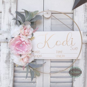 Hospital Door Hanger, Girl, Floral - White, Baby Pink flowers with Lambs Ear/Door Hanger Birth Announcement/Baby Hospital Sign