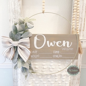 Hospital Door Hanger -Boy, Girl - Farmhouse Stripe Ribbon(Cool Grey) Short Tail - Lambs Ear /Door Hanger Birth Announcement/WoodBead Hanger