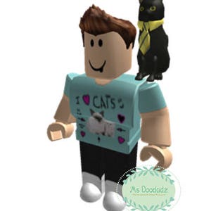 May include: A Roblox avatar wearing a light blue t-shirt with the text "I ♡ CATS" and a graphic of two cats. The avatar has brown hair and black pants. A black cat with a yellow tie sits on the avatar's shoulder.