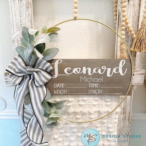 Hospital Door Hanger -Boy, Girl - Farmhouse Stripe Ribbon (Ivory, Cool Grey) - Lambs Ear /Door Hanger Birth Announcement /Baby Hospital Sign