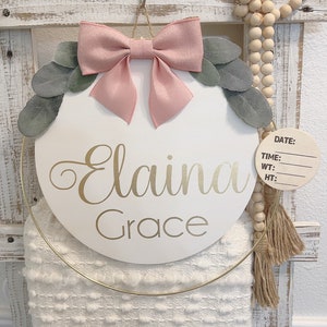Shabby Chic Hoop Hospital Door Hanger with Birth Stats Clip / Baby Name Sign / Baby Birth Stat / Baby Girl / Farmhouse Vintage Blush Ribbon
