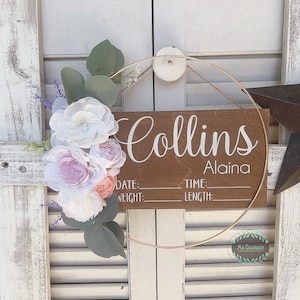 Hospital Door Hanger - Floral - Baby Girl - Pearls - Rustic Style / Door Hanger Birth Announcement / Baby Hospital Sign
