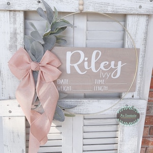Shabby Chic Hospital Door Hanger - Girl - Farmhouse Vintage Blush Ribbon - Lambs Ear /Door Hanger Birth Announcement /Baby Hospital Sign /