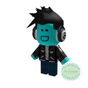 May include: A cartoon avatar with a teal face, black hair, and a black jacket. The avatar wears headphones with the number 8 on them. The avatar is wearing blue jeans and has a smiling face. The image includes the text "Ms Doodadz".