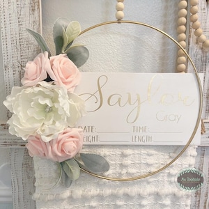 Hospital Door Hanger - Floral - Baby Girl - Off-white, Baby Pink Flowers w Lambs Ear -Rustic/Door Hanger Birth Announcement /WoodBead Hanger