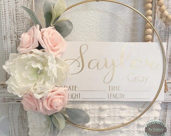 Hospital Door Hanger - Floral - Baby Girl - Off-white, Baby Pink Flowers w Lambs Ear -Rustic/Door Hanger Birth Announcement /WoodBead Hanger