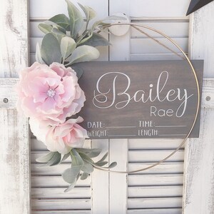 Hospital Door Hanger, Girl, Floral - White, Baby Pink flowers with Lambs Ear/Door Hanger Birth Announcement/Baby Hospital Sign/WoodBead