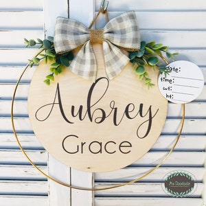 Hoop Hospital Door Hanger with Birth Stats Clip / Baby Name Sign / Baby Birth Stat / Baby Boy / Baby Girl / Light Gray,Burlap Bow, Greenery