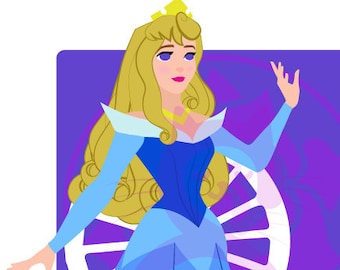 Könnte beinhalten: Eine Prinzessin in einem blauen Kleid mit einer goldenen Krone und blonden Haaren. Sie steht vor einem violetten Hintergrund mit einem weißen Spinnrad.
