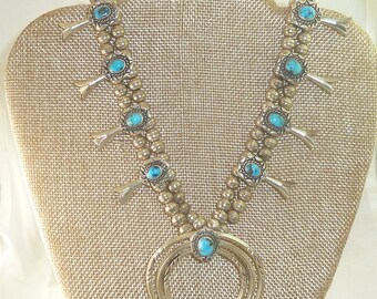 Vintage Native American Sterling Silver and Turquoise Squash Blossom Necklace 26"