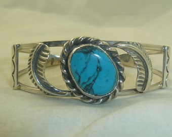 Mexican Vintage Sterling Silver Turquoise Open Work Cuff Bracelet