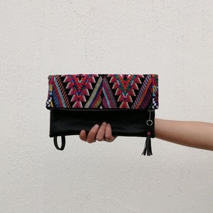 Black leather clutch - Crossbody bag -  Handmade  Guatemalan clutch