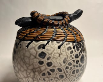 Candy Raku Vessel with Pine Needles and Clay Branch