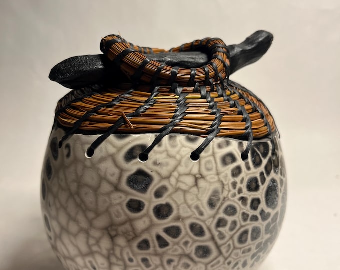 Candy Raku Vessel with Pine Needles and Clay Branch