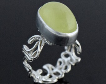 Sterling Silver Swirling Water Ring with Prehnite Stone