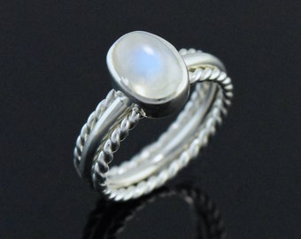 Sterling Silver Stackable Ring with Rainbow Moonstone