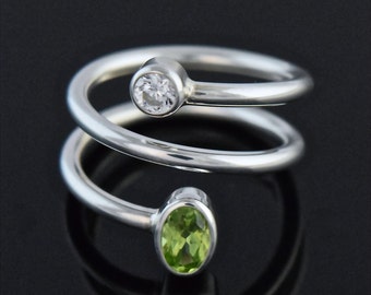 Sterling Silver Wrap Ring with Genuine Peridot and White Cubic Zirconia