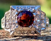 Platinum Art Deco Engagement Ring Garnet Ring Vintage Art Deco Engagement Ring 0.75 Carat Natural Garnet with 0.50 cttw natural diamonds